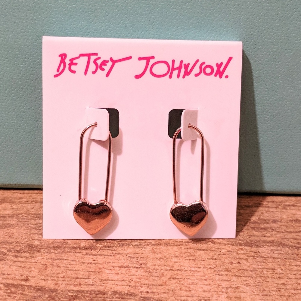 Betsey Johnson Rose Gold Safety Pin Heart Earrings